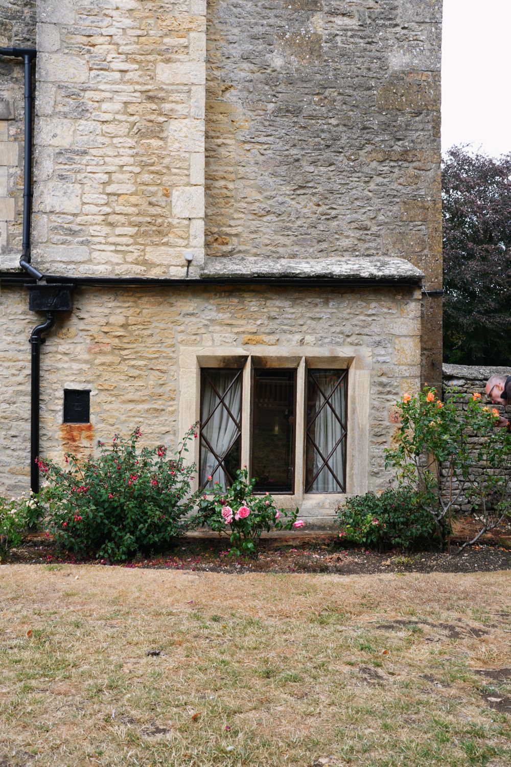 A stone cottage window with roses, rural England